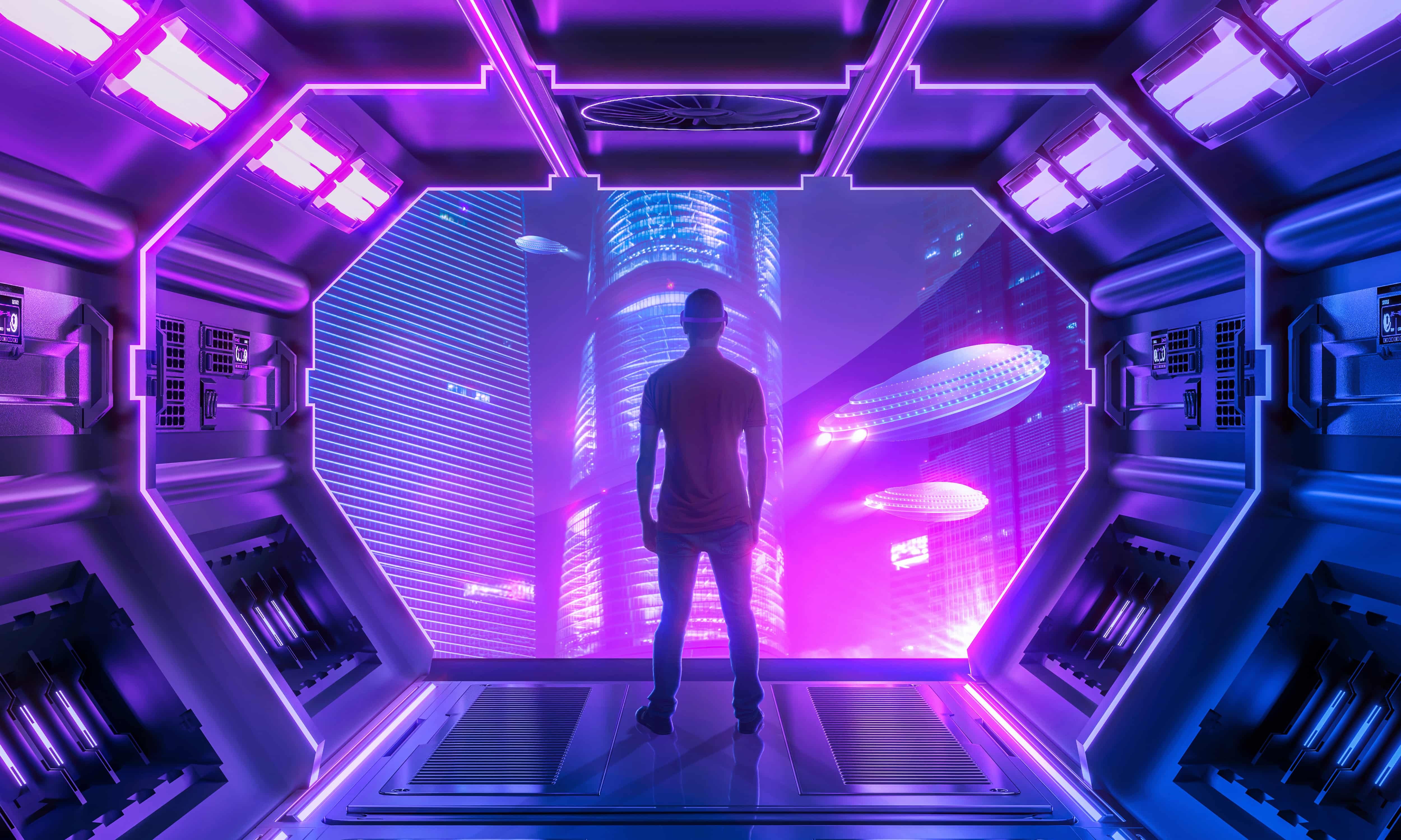 A man standing before the virtual metaverse world